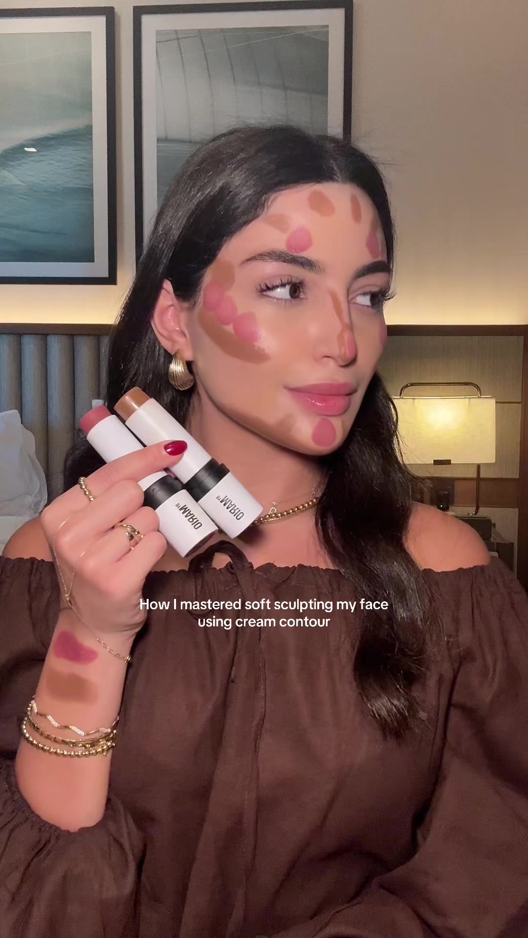 TikTok post by @miraadaoud for MAKEUP BY MARIO. Caption reads: The art of soft sculpt🤎 Makeup by Mario’s viral....