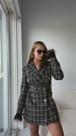Instagram post by @thealexaofficial for BCBGMAXAZRIA. Caption reads: [...] white plaid tweed blazer dress🖤🤍....