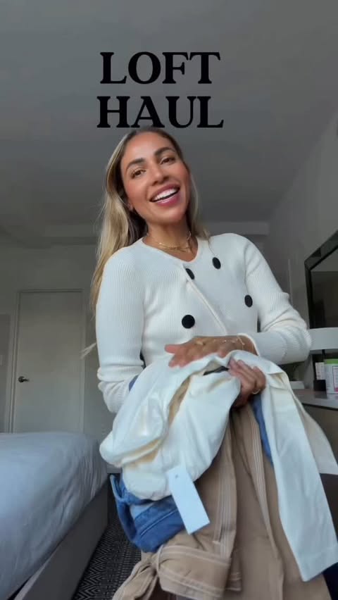 Instagram post by an influencer for LOFT. Caption reads: [...] transitional outfits ✨ Comment “LOFT” & I’ll....