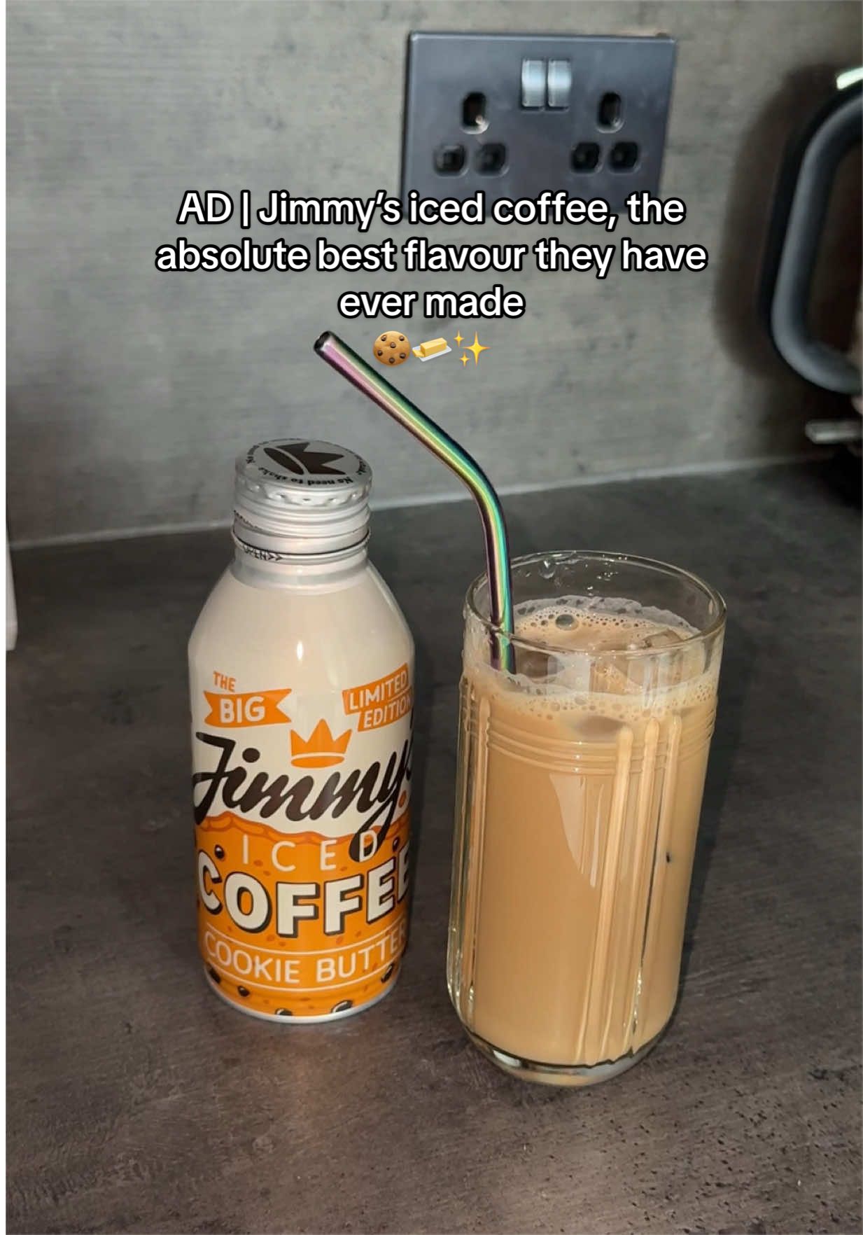 TikTok post by @rhiannonlouise_x for Jimmy's Iced Coffee. Caption reads: [...] in the post, so amazing!! ☕️🍪🧈....