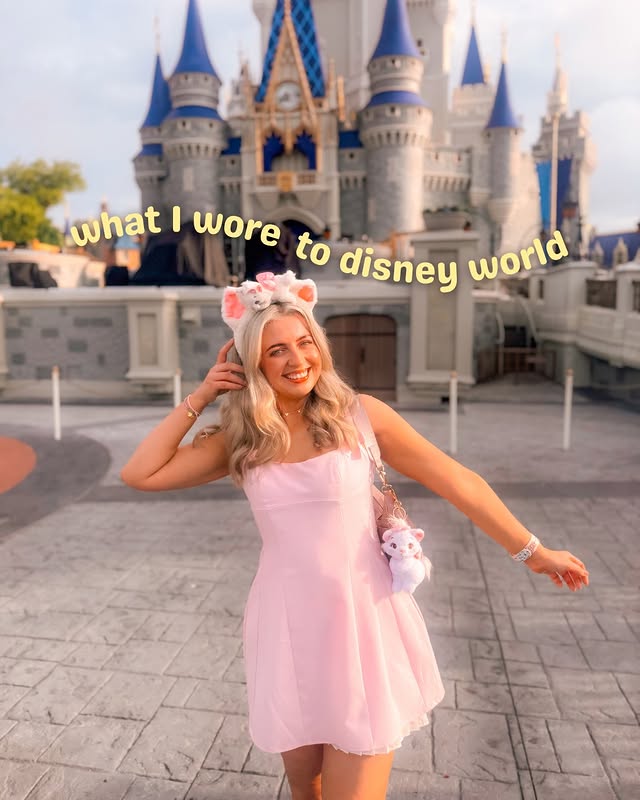 Instagram post by @charlotteharrington__ for Hong Kong Disneyland. Caption reads: Disney world outfit inspo 🤭💗🧚✨ NOTHING makes my....