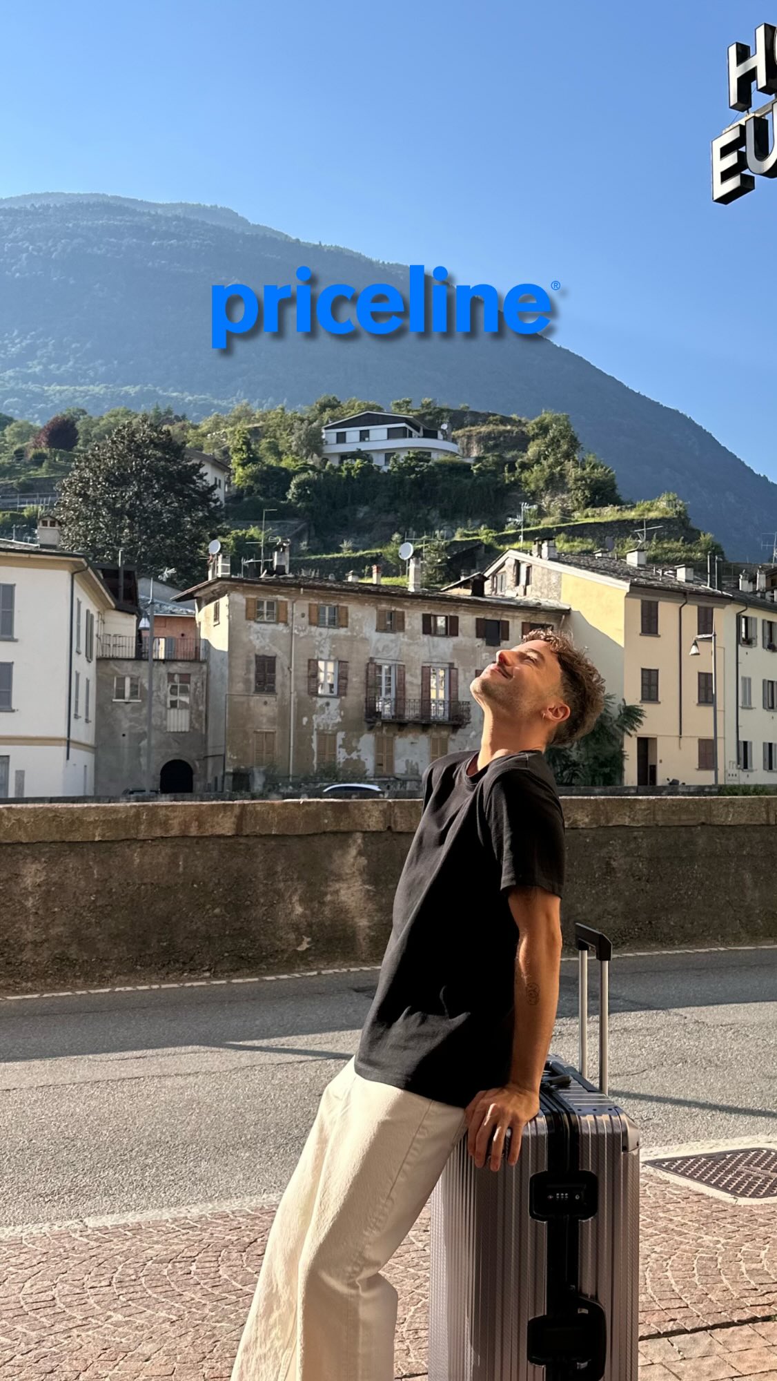 Instagram post by @nomadspritz for Priceline. Caption reads: ✨TRAVEL HACK ✈️ I have been traveling full time....