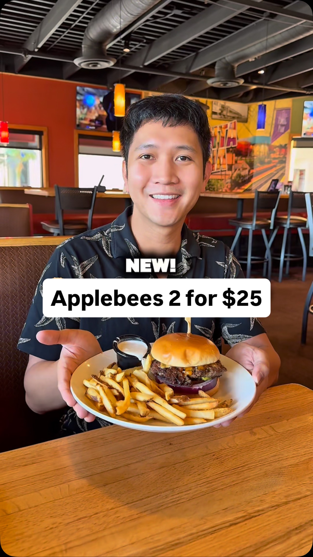 Instagram post by @dom.j for Applebee's. Caption reads: PSA: Applebee’s 2 for $25 = wings, burgers, pasta,....