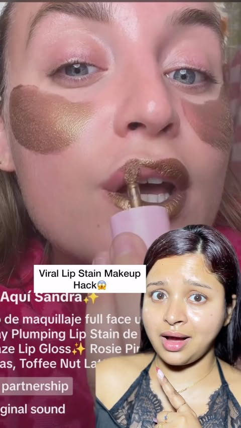Instagram post by @swatches_with_shilpa for Aprilskin. Caption reads: [...] Tried Viral Lip makeup stain hack with....