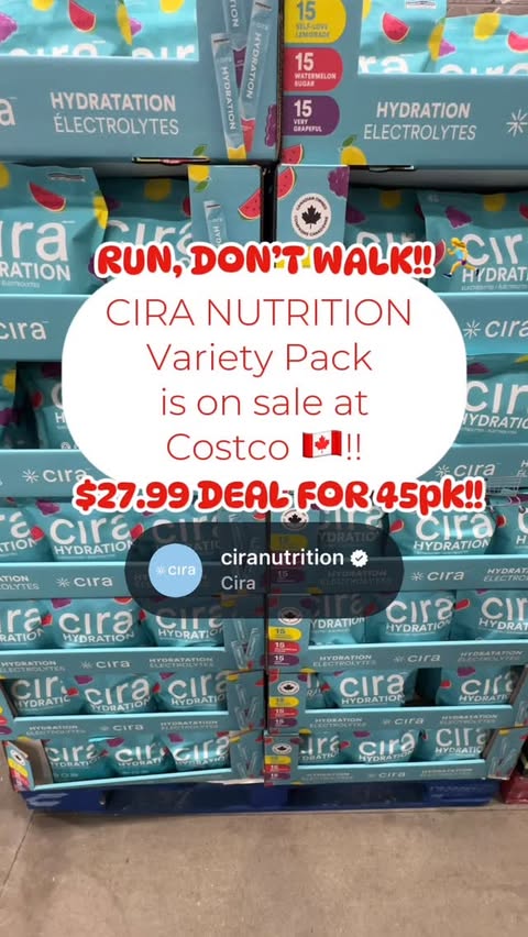 Instagram post by @costcofindscanada for Cira Nutrition. Caption reads: [...] Hydration Variety Pack from @ciranutrition....