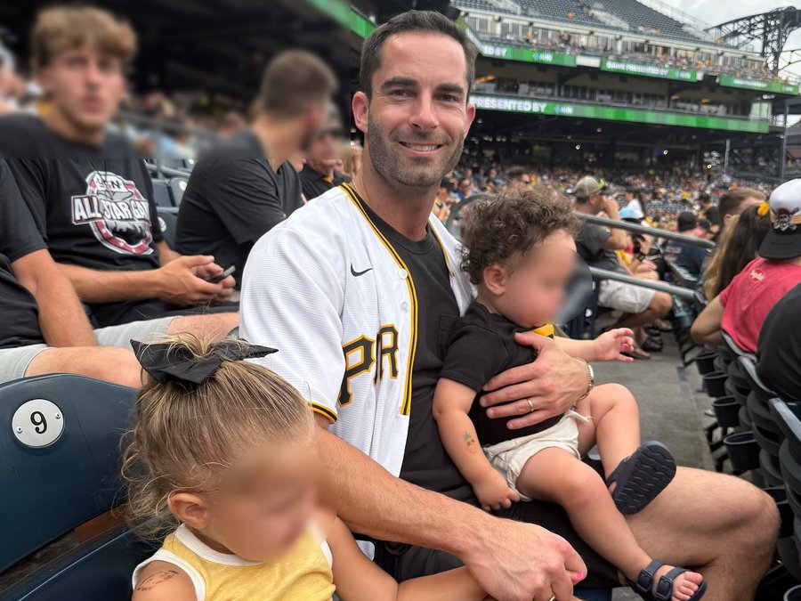 Instagram post by @tom.schweers for American Greetings. Caption reads: Pirates baseball games are so nostalgic for me-....