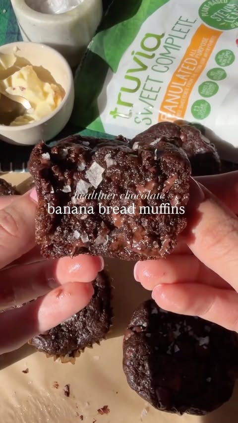Instagram post by @mersgoodeats for Truvia. Caption reads: #ad Chocolate banana bread muffins 

This is the....