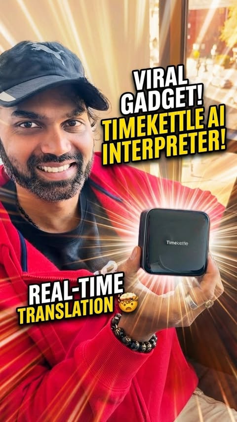Instagram post by @rockyveen for Timekettle. Caption reads: Meet the Timekettle W4 Pro AI Interpreter Earbuds....