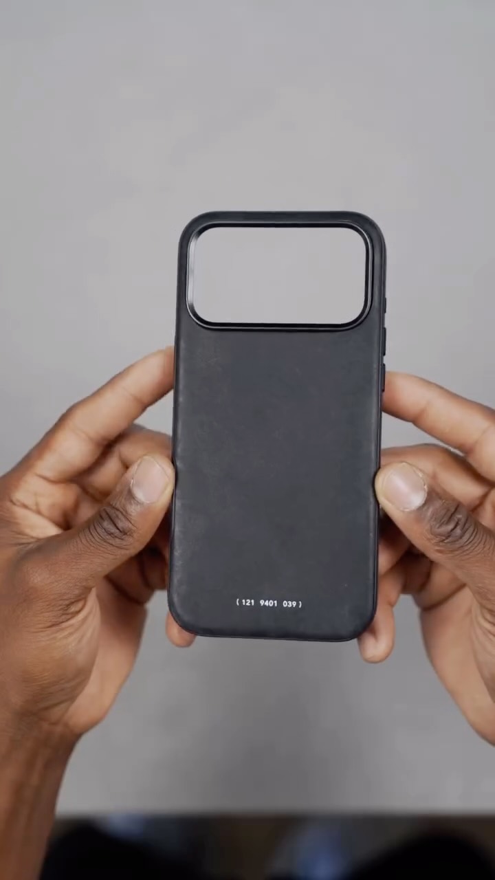 Instagram post by @techbymidas for GRAMS28. Caption reads: A premium leather phone case for the iPhone 17 Pro....