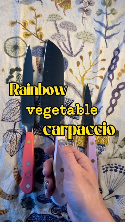 Instagram post by @dinneratdaniels for WÜSTHOF. Caption reads: #ad 🫜 RAINBOW VEG CARPACCIO 🌈 This is an....