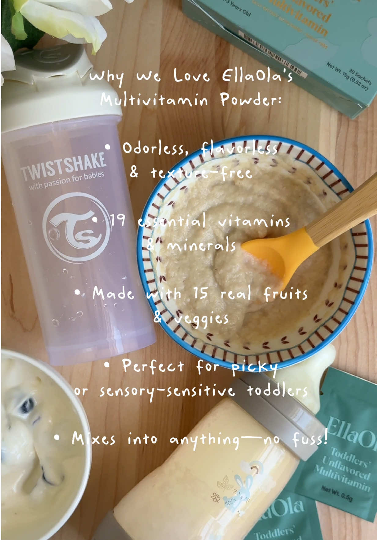 TikTok post by @lanazimet for EllaOla. Caption reads: [...] my toddler's daily nutrition with @EllaOla....