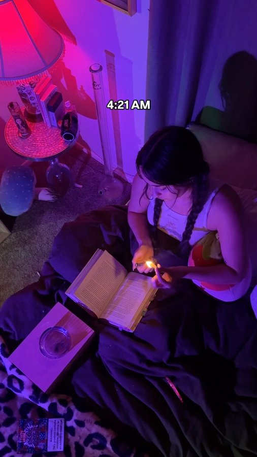 Instagram post by @greengoddess_az for STIIIZY. Caption reads: realistic morning in my life⏰🍃😮‍💨💞💨 with my....