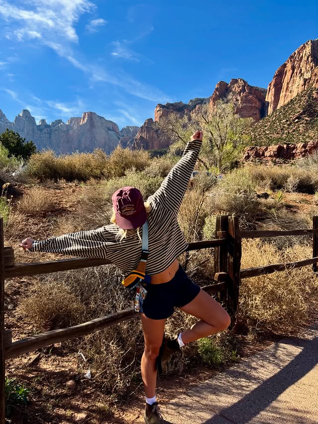 Instagram post by @gracedinkins_ for Thread Wallets. Caption reads: day one in Zion with @thread_wallets !!!🌲⛺️.