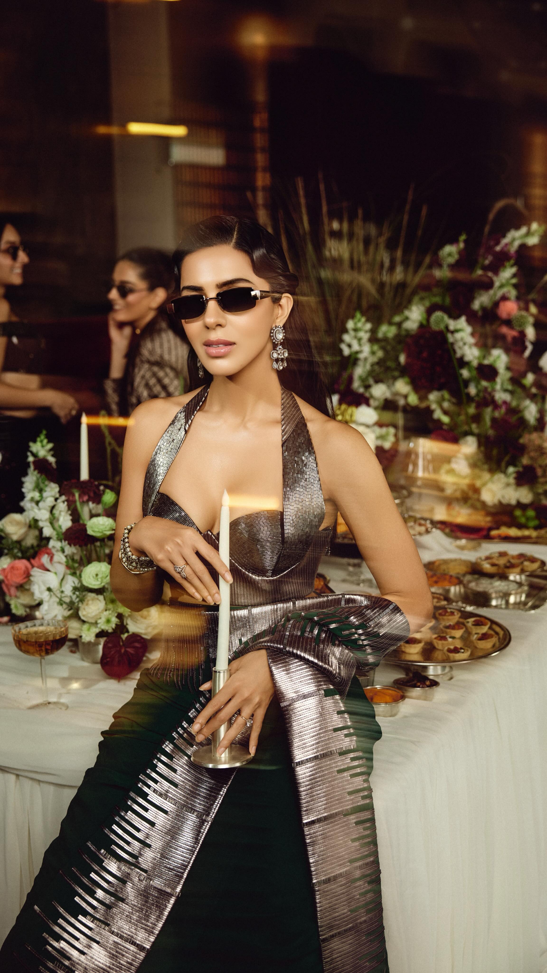 Instagram post by @bahaar_art for John Jacobs Eyewear. Caption reads: Evenings dressed in shimmer and these statement....