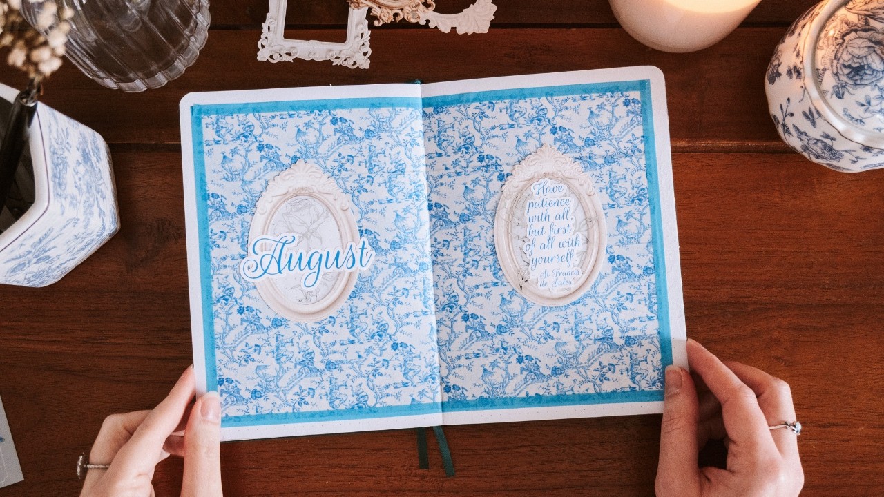 YouTube post by @ErinSmith for – Stationery Pal. Caption reads: August Journal Setup 📖 Toile de Jouy Chinoiserie....