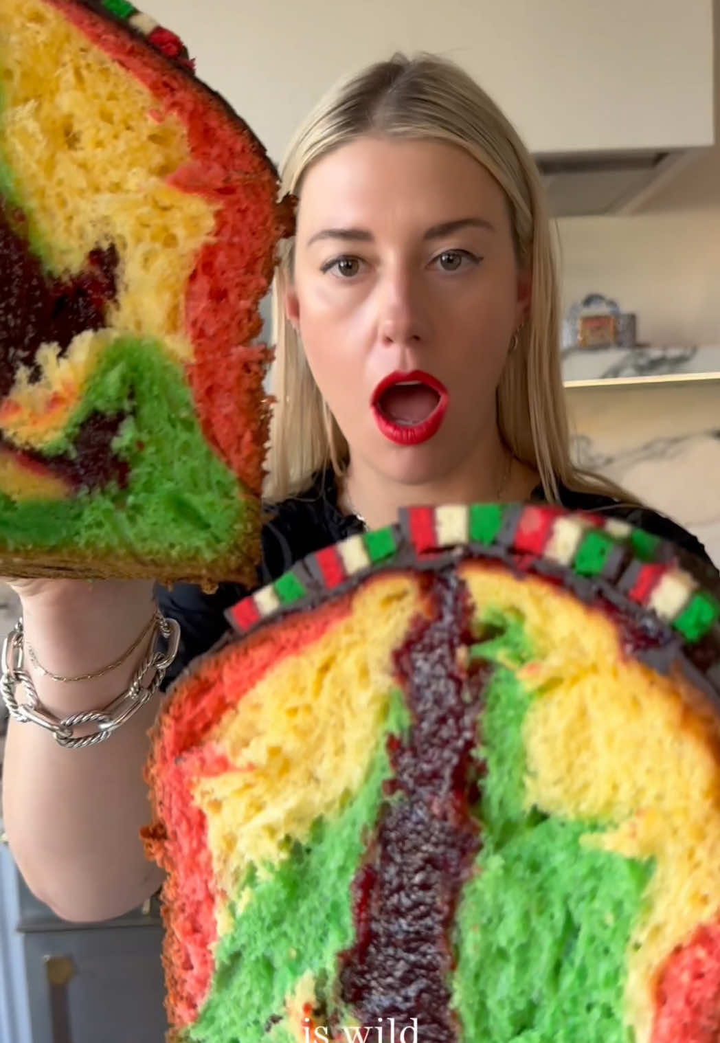 TikTok post by @lexiportrait for Goldbelly. Caption reads: Rainbow Panettone!!! @Settepani Bakery @Goldbelly....