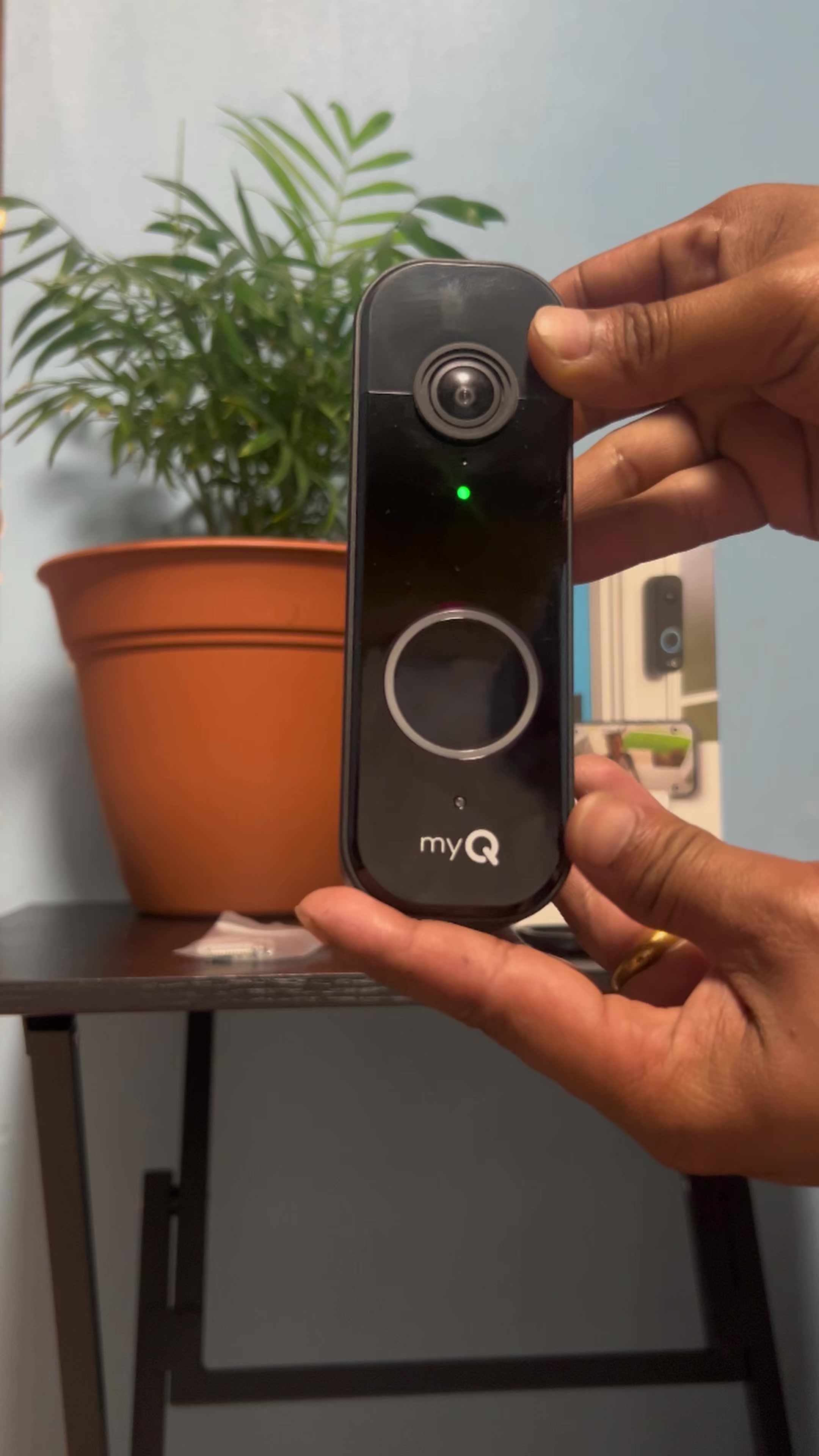 TikTok post by @nimabomjan7692 for myQ. Caption reads: myQ, Video Doorbell | 2K Camera, Battery/ [...].