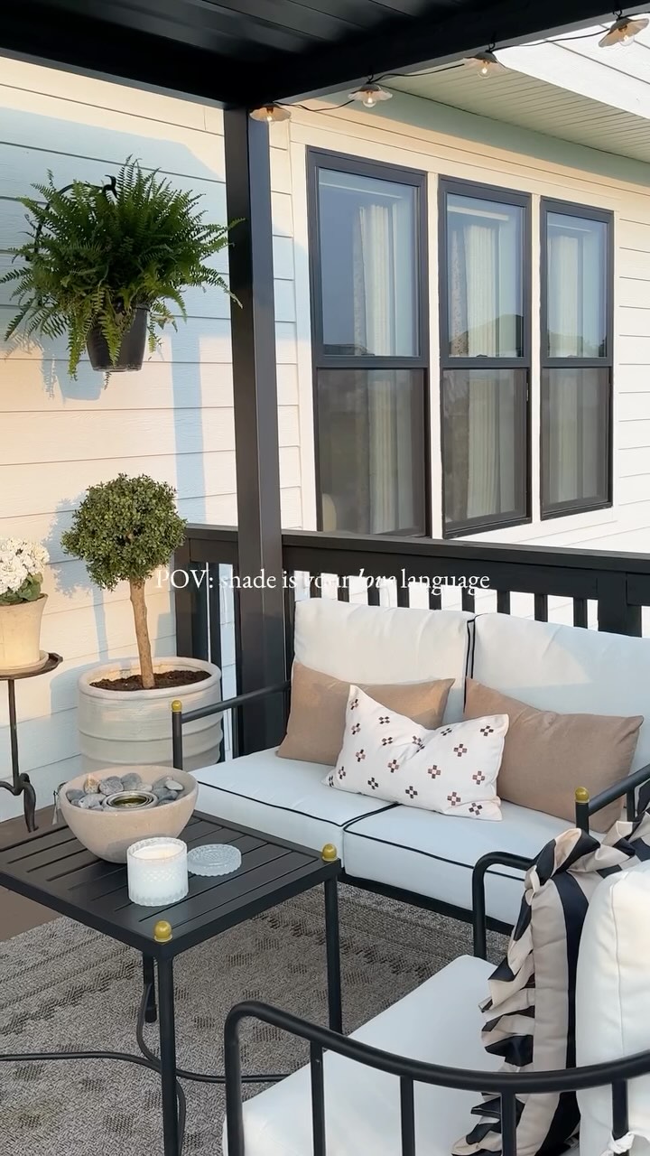 Instagram post by @thegeorgeshome for Mirador Outdoor. Caption reads: We turned our basic 12x12 builder-grade deck into....