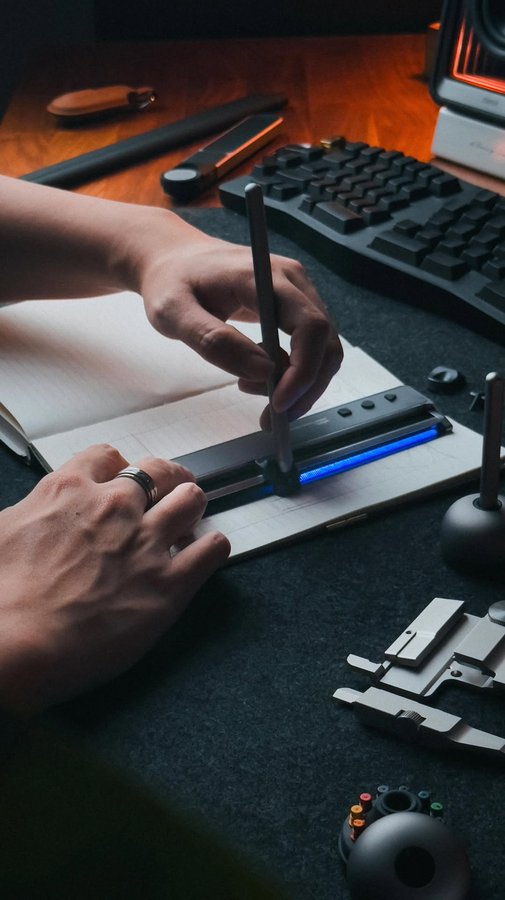 Instagram post by @harrisonniap for HOZO Design. Caption reads: [...] kit! ——— #neoruler #smartruler #hozodesign....