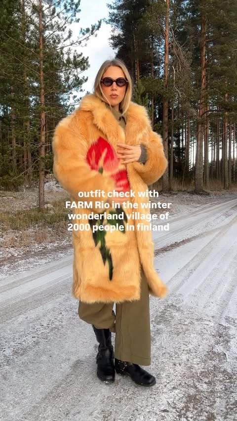 Instagram post by @wilmaaelena for FARM Rio. Caption reads: winterish greeting from finland with @farmrio....