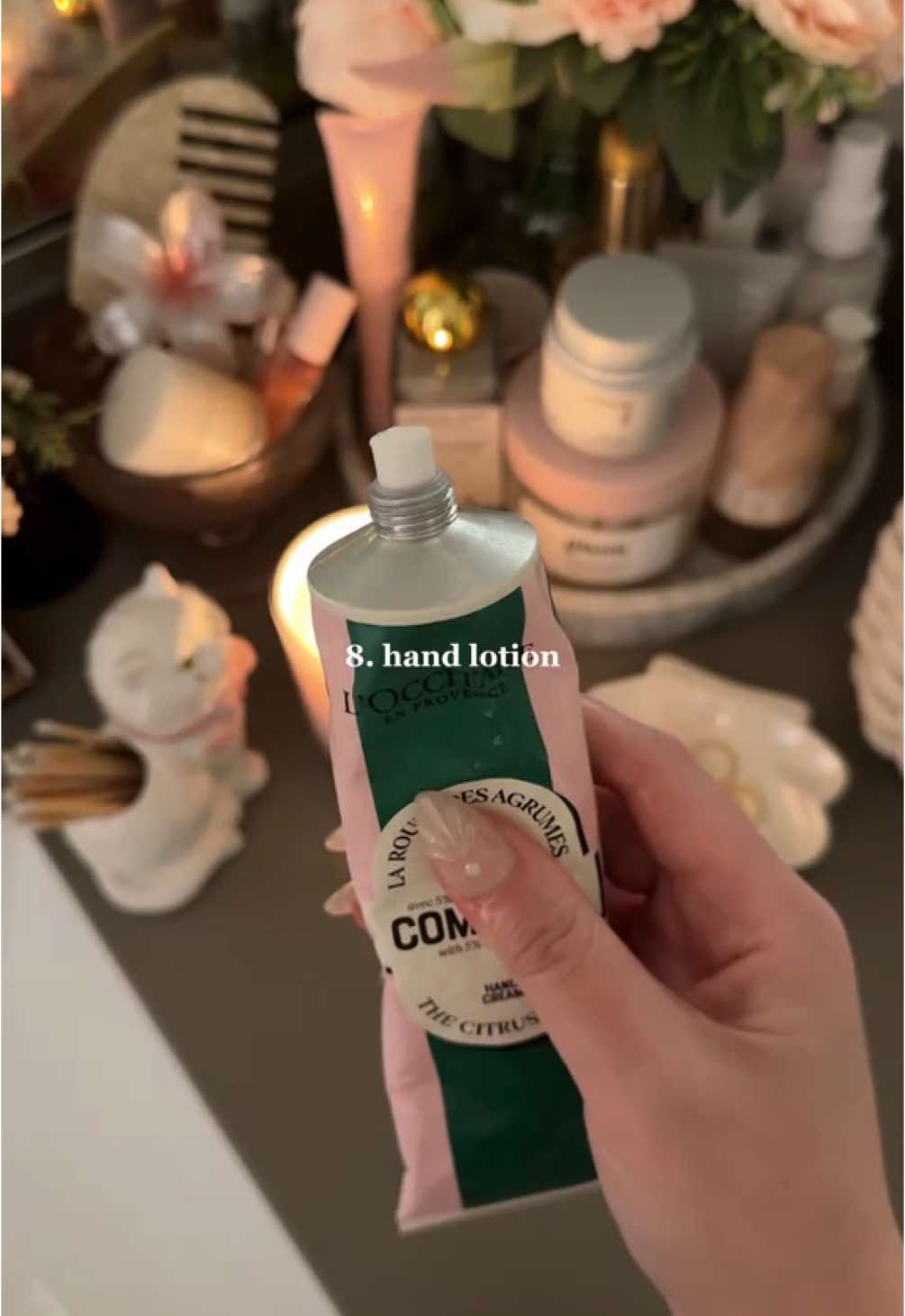 TikTok post by @kimberly.cat for Patchology. Caption reads: asmr hand care routine 🎀🕊️ products:....