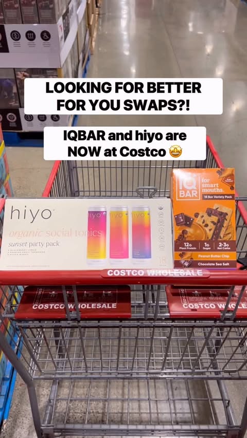 Instagram post by @costcobuys for IQBAR. Caption reads: 🌿 @IQBAR Plant Protein Bars & @drinkHiyo are both....