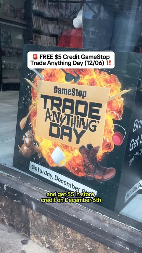 Instagram post by @yourthrifty.bff for GameStop. Caption reads: 🎮 TRADE ANYTHING DAY AT GAMESTOP 👀🔥🔗 More....
