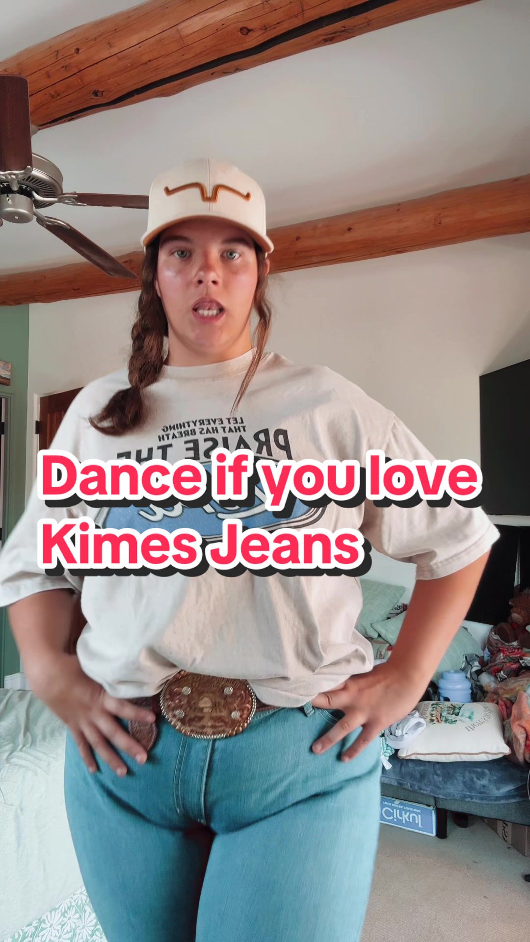 TikTok post by @cowgirlmae_04 for Kimes Ranch Jeans. Caption reads: [...] @Kimes Ranch  ✨🤍💕✨🤍✨🤍💕✨🤍💕✨🤍....