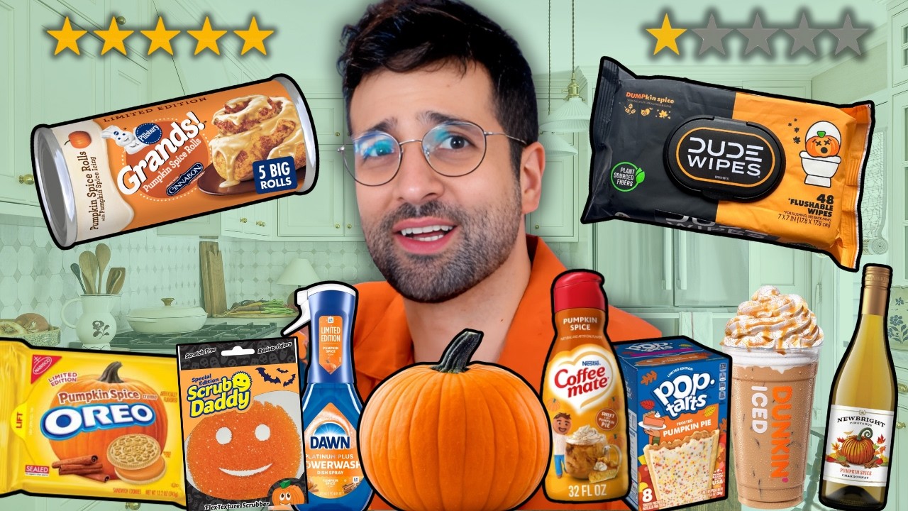 YouTube post by @thejonnycakes for Goldbelly. Caption reads: Trying the Craziest Pumpkin Spice Products.
