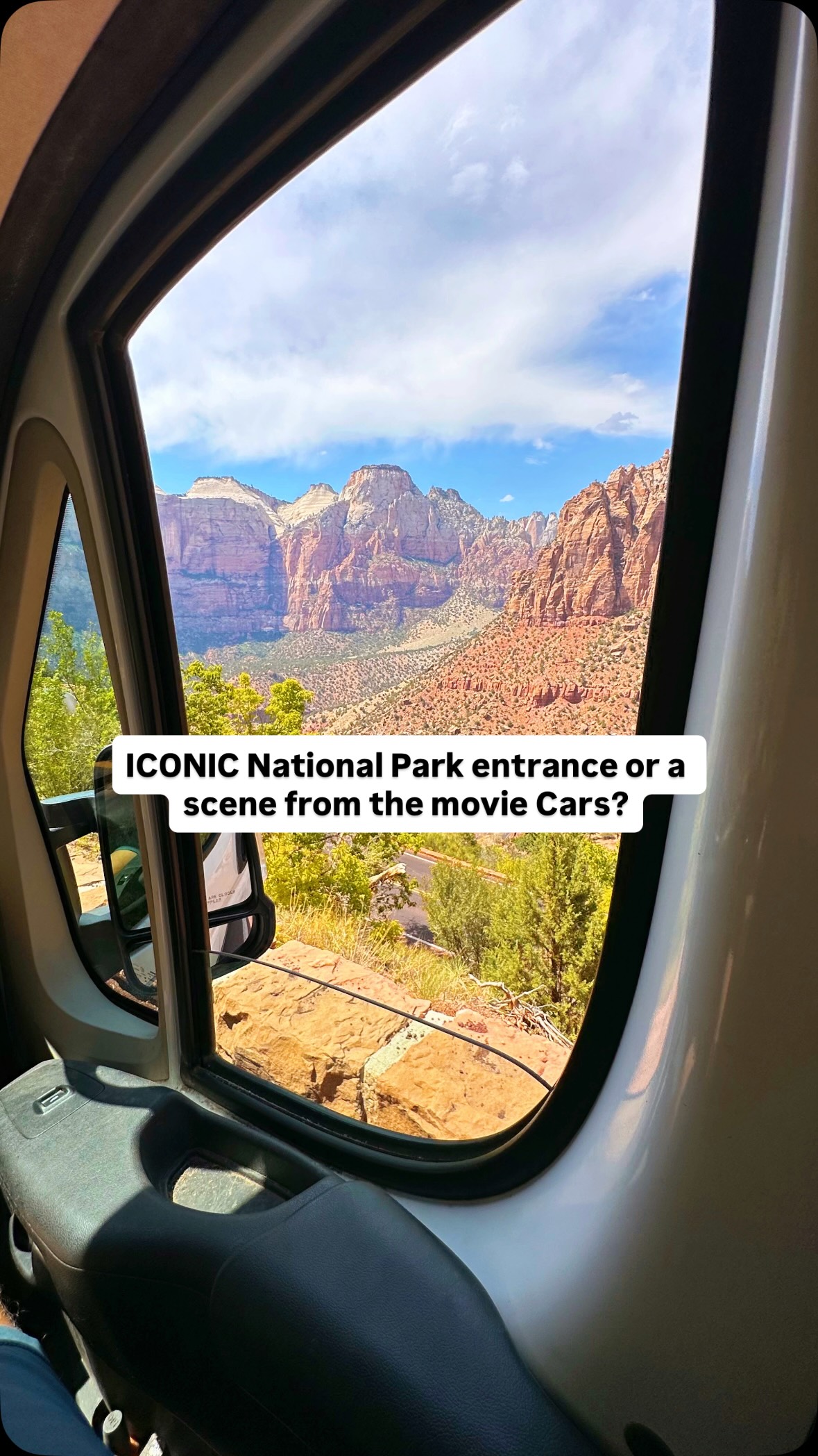 Instagram post by @wanderlusttravelcouple for Visit Utah. Caption reads: Driving through Radiator Springs be like 🚗

A....