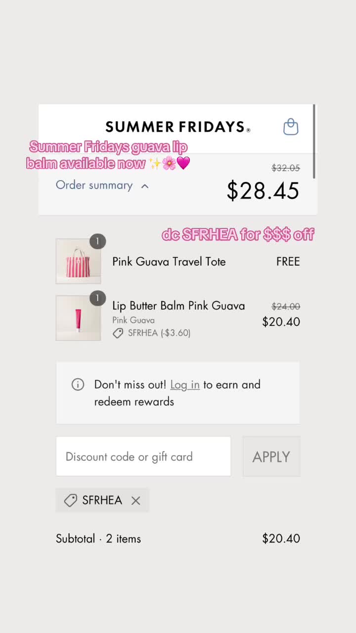 TikTok post by @pizzanotprada for Summer Fridays. Caption reads: code SFRHEA for $ off @Summer Fridays new pink....