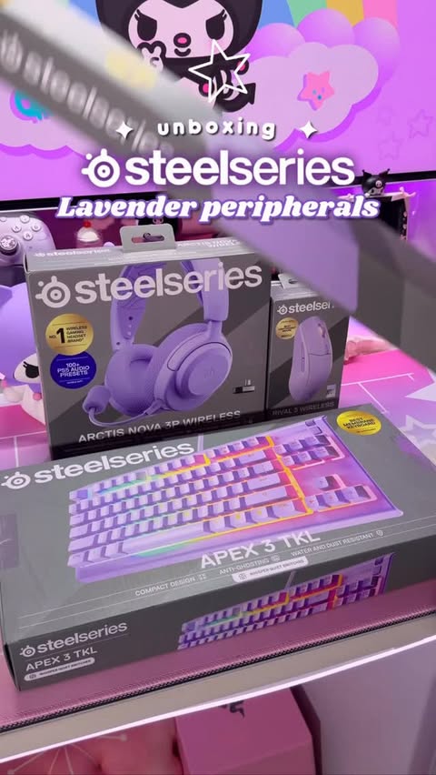 Instagram post by @elyxirine for SteelSeries. Caption reads: 💜 unbox the SteelSeries Lavender Collection with....