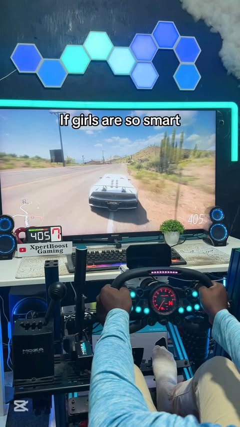 Instagram post by @forzahorizon5_xpert_ for MOZA Racing. Caption reads: 😎🔥❤️ “”MY ORIGINAL SETUP PARTS, CAR TUNES AND....