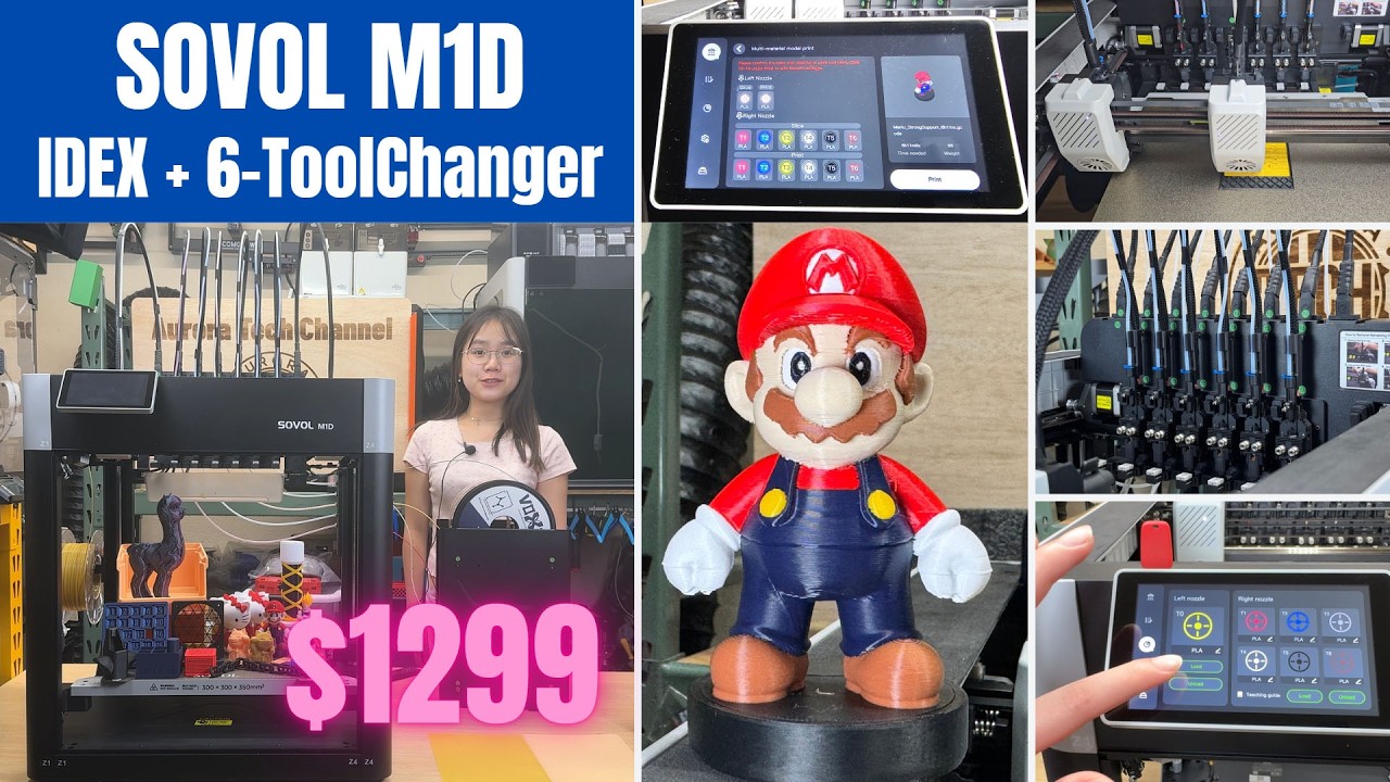 YouTube post by @AuroraTech for Thingiverse. Caption reads: Sovol M1D In-Depth Review: IDEX + 6-Tool Changer....