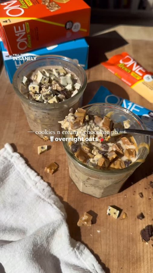 Instagram post by @goodness_with_g for ONE Brands. Caption reads: #ad overnight oats ✌🏼ways …and the BEST flavor....