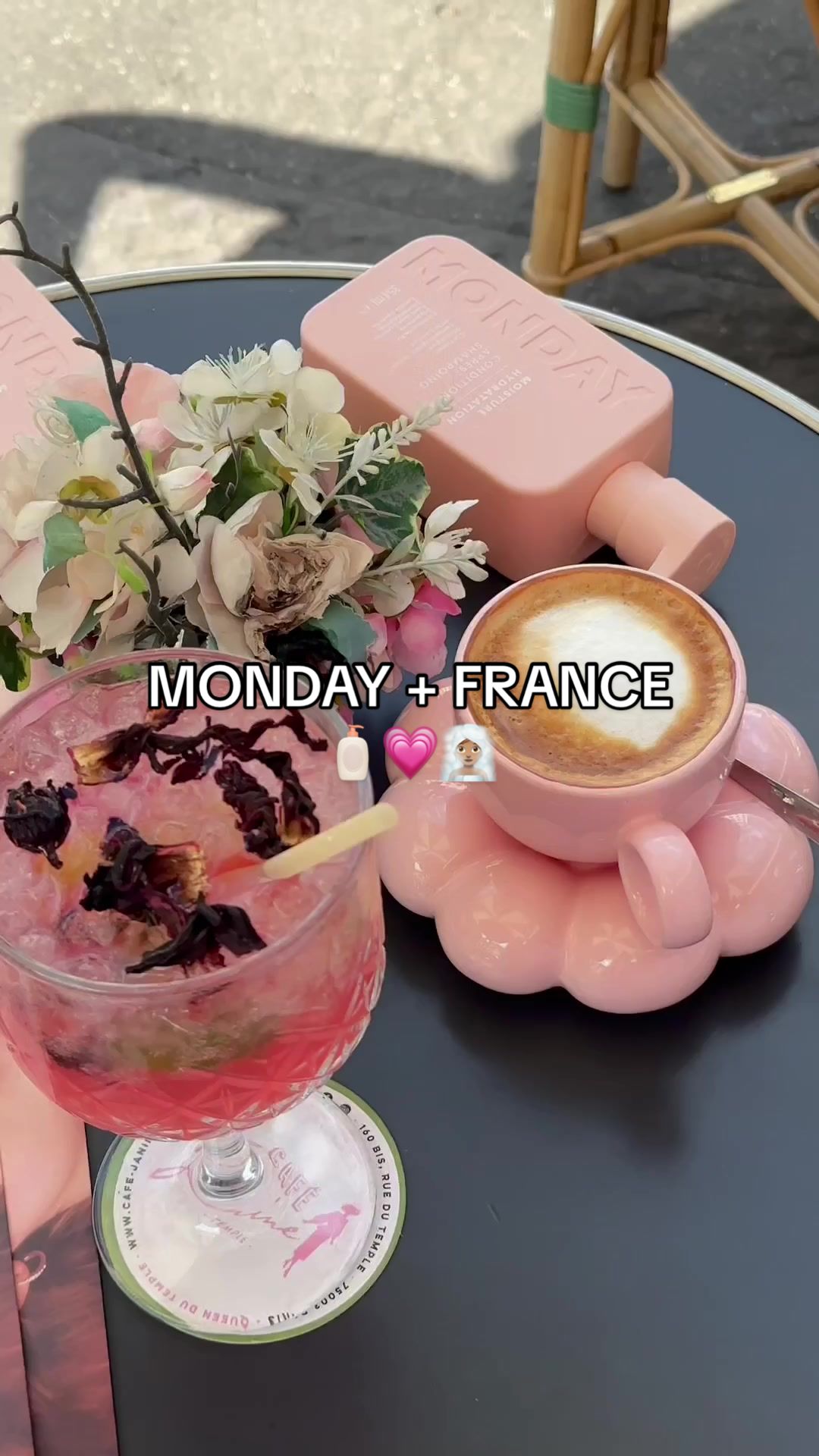 TikTok post by @mondayhaircare for E.Leclerc. Caption reads: [...] Shop our little pink bottles now at @Auchan....