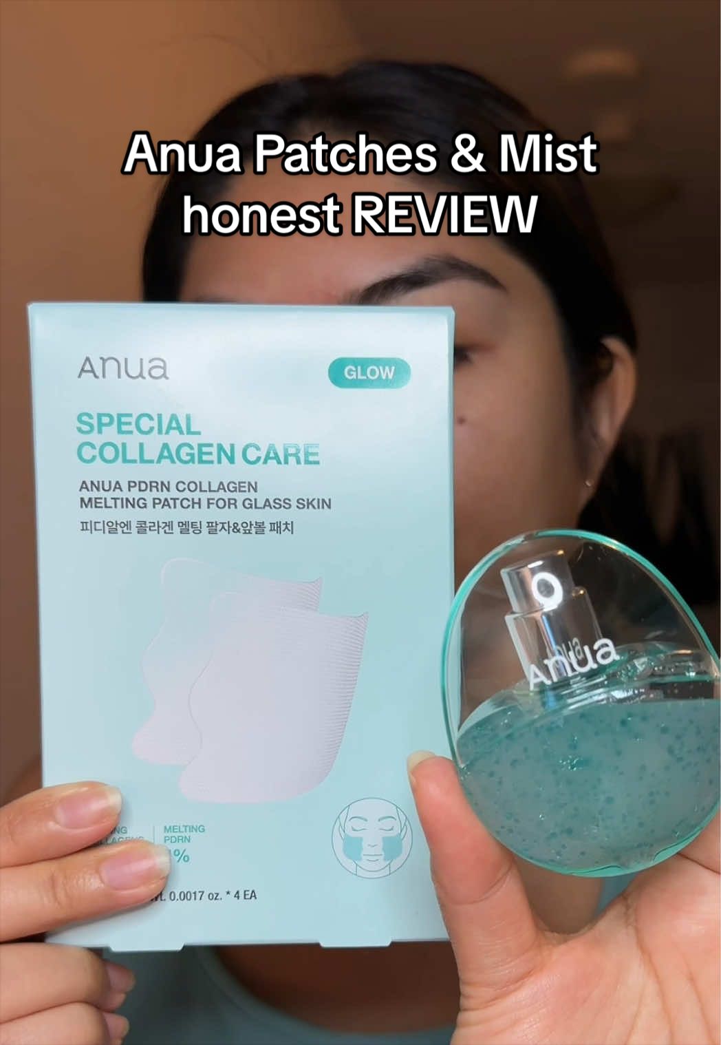 TikTok post by @michlopez.hjs for ANUA Skincare KR. Caption reads: Anua PDRN patches and mist honest review ✨....