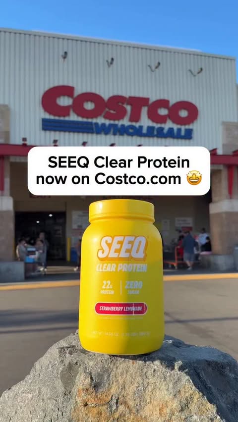 Instagram post by @costcohype for SEEQ SUPPLY. Caption reads: @seeqsupply Clear Protein Strawberry Lemonade is....