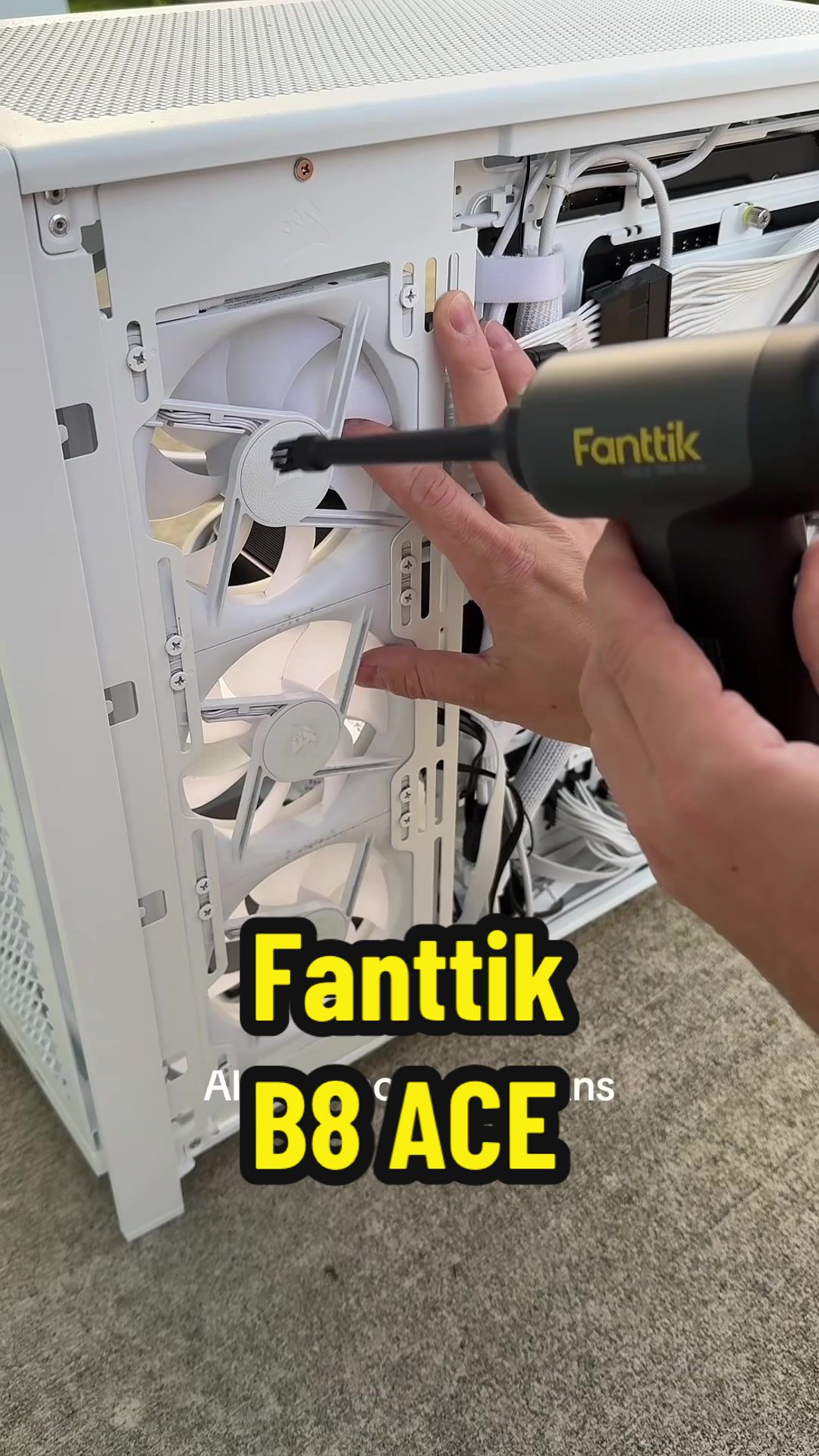 TikTok post by @driggsytech for Fanttik. Caption reads: Clean setup hack: Electric duster ✅ Fanttik B8 ACE....