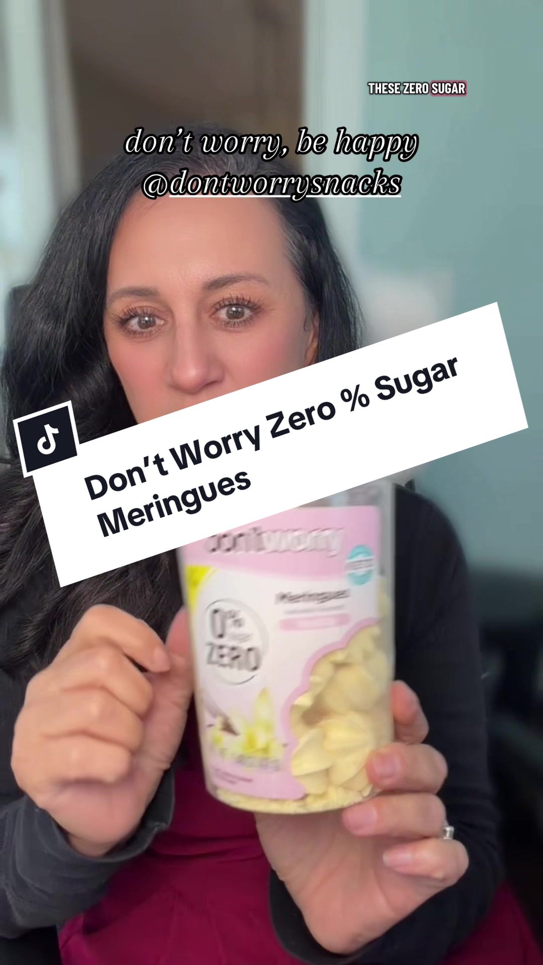 TikTok post by @frantastic714 for dontworrysnacks. Caption reads: Don’t worry—these zero % sugar meringues are the....