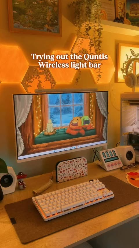 Instagram post by @gamewithkiwi for Quntis. Caption reads: Trying out the @quntisofficial monitor light....