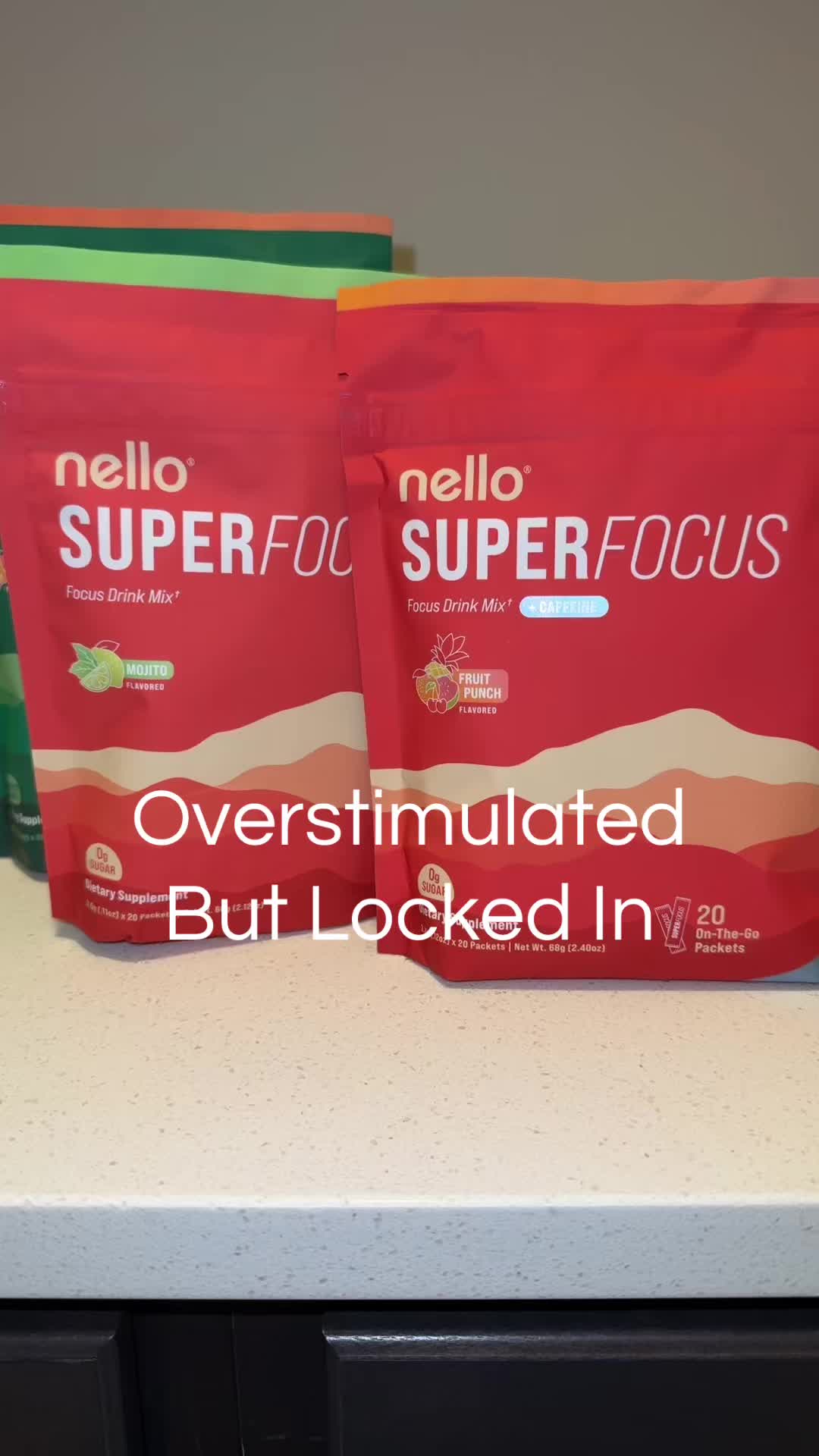 TikTok post by @mmotherhoodiscalling for drinknello. Caption reads: Overstimulated, but locked in. The kind of focus....