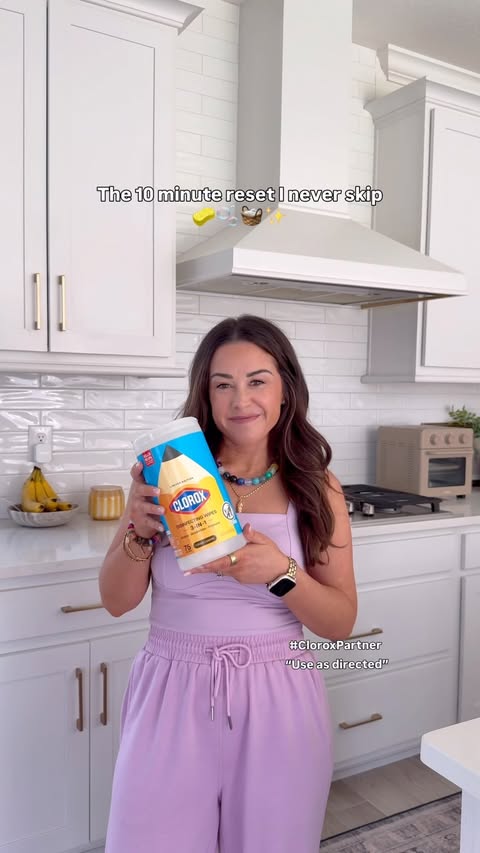 Instagram post by @amyadler_ for Clorox. Caption reads: #CloroxPartner clean kitchen = clear mind. ☁️✨​....