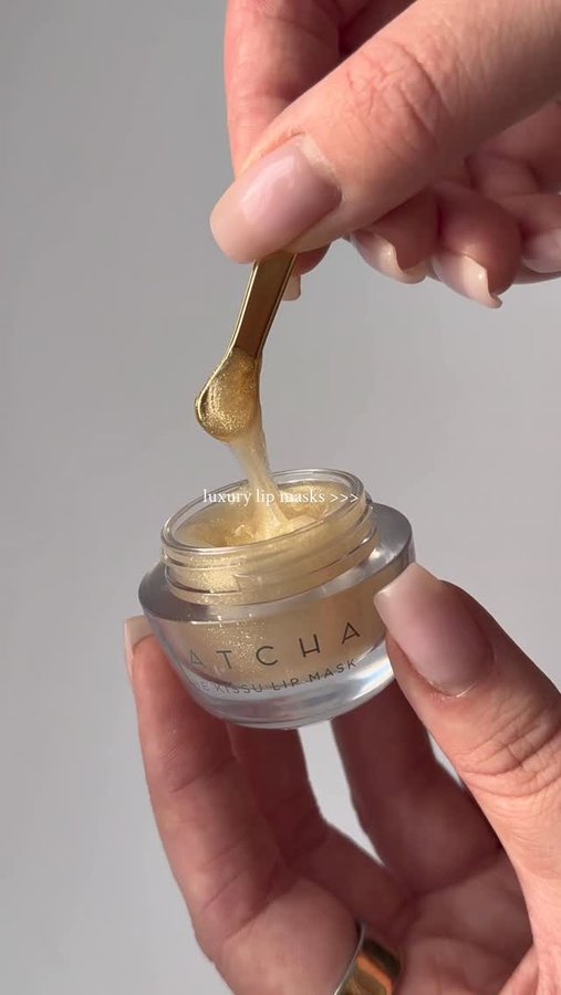 Instagram post by @thewrightglow for Tatcha. Caption reads: obsessed with the new gold leaf @tatcha kissu lip....