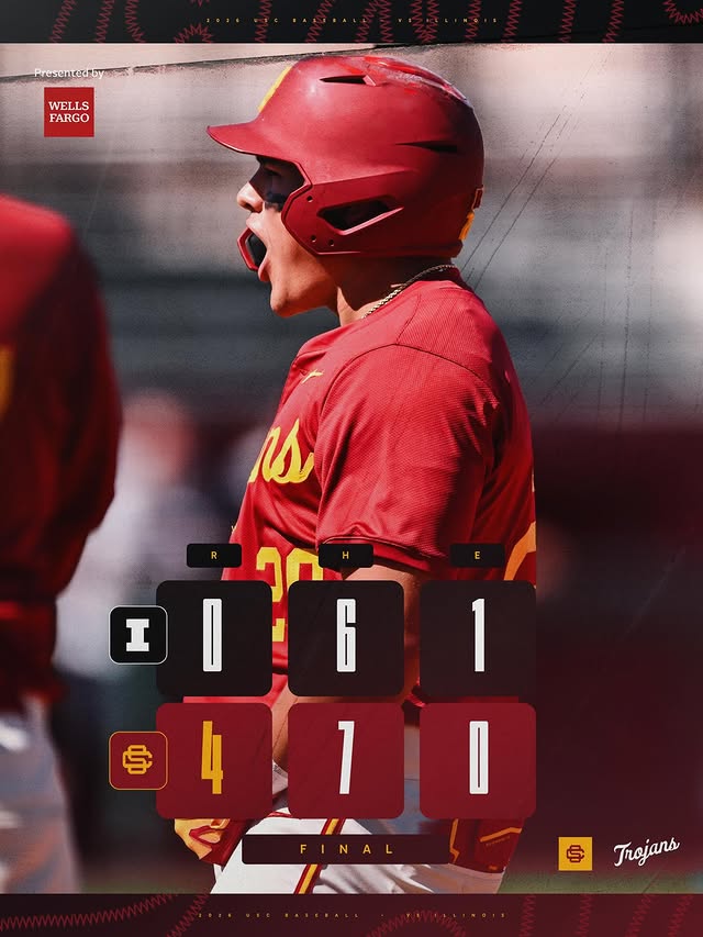 Instagram post by @sctrojans_baseball for Wells Fargo. Caption reads: Series Secured ✌️ #FightOn x @wellsfargo.