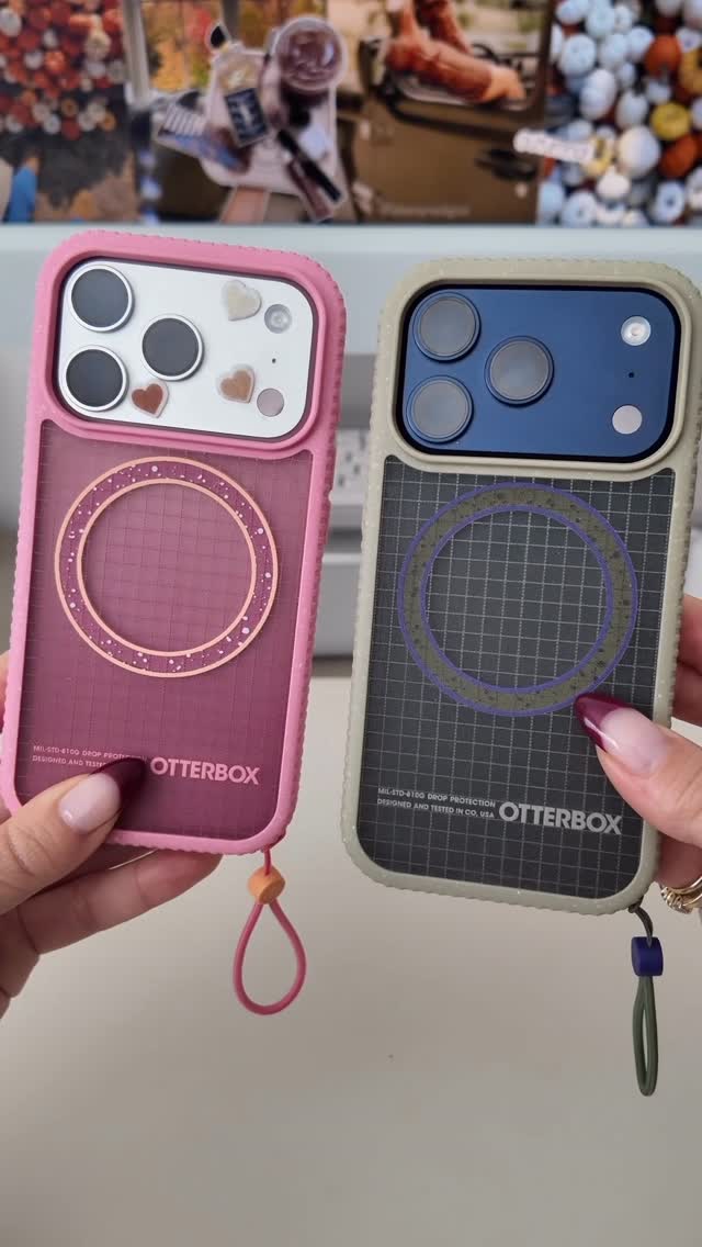 Instagram post by @alliemariedigital for OtterBox. Caption reads: Silver or Deep Blue? iPhone 17 Pro’s Hers & His....