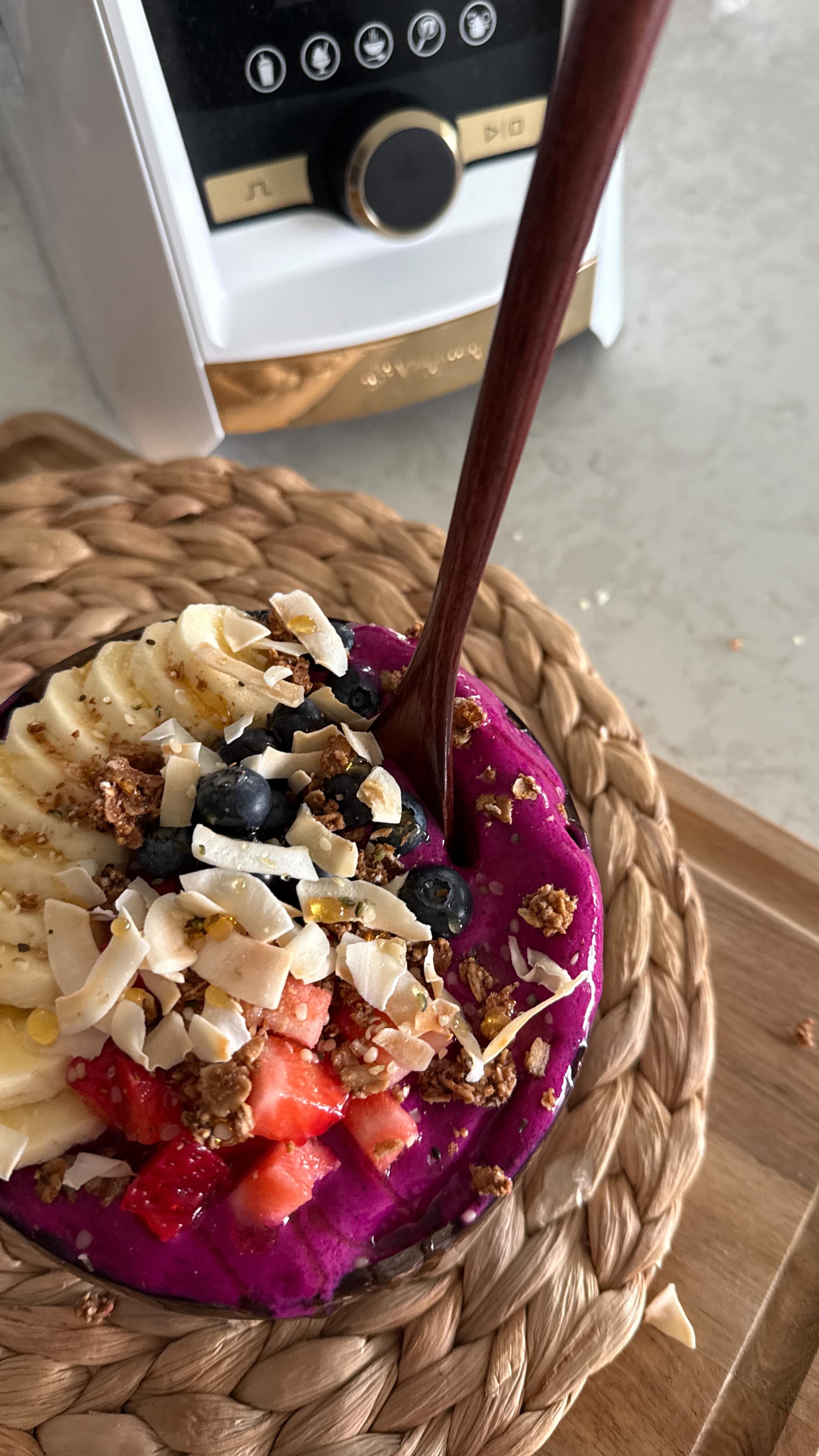 Instagram post by @tyler.yantt for Vitamix. Caption reads: Dragon Fruit Smoothie Bowl

Ingredients (Smoothie....