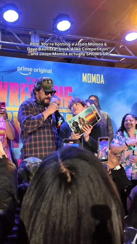 Instagram post by @patrickadougall for Amazon Prime. Caption reads: POV: You’re hosting a Jason Momoa & Dave Bautista....