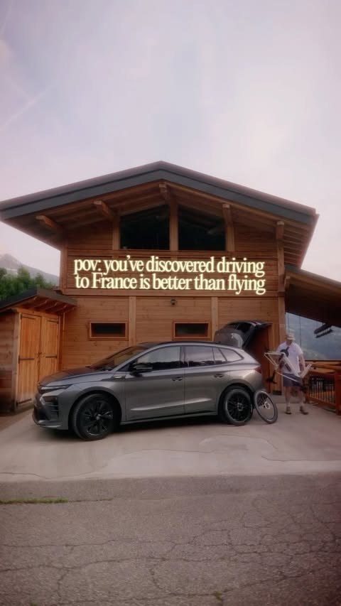 Instagram post by @grantritchie for Škoda Belgium. Caption reads: Full cost of driving to Alps instead of flying....