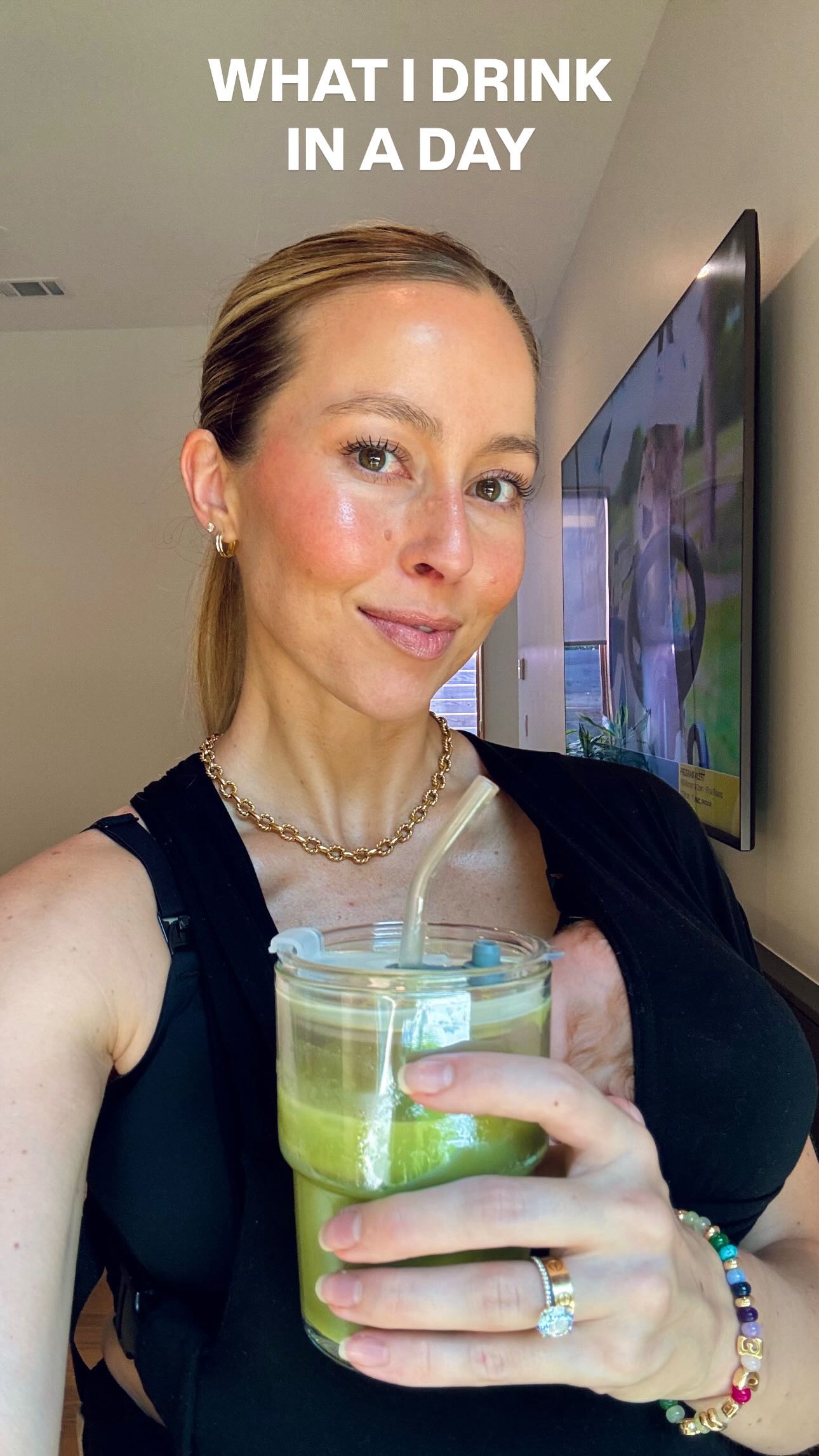 Instagram post by @olivia.adriance for Aquasana. Caption reads: WHAT I DRINK IN A DAY for hydrated, glowing skin✨....